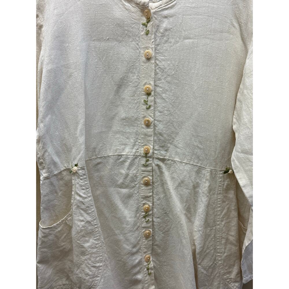 FLAX Jeanne Engelhart Linen Dress | Size M | Ivory Button Front Embroidered - Picture 7 of 7